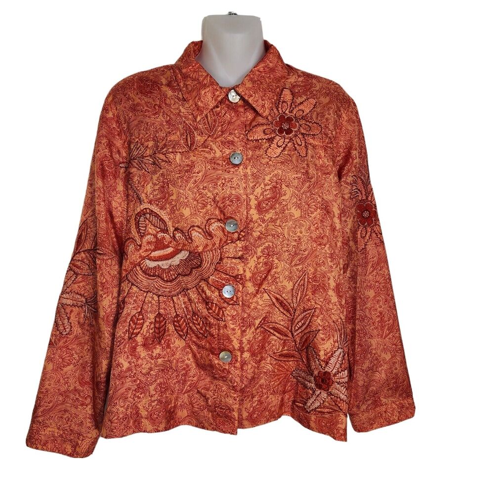 Laura Ashley Petite Womens Top PL Silk Orange Floral Embroidery Button Up Lined